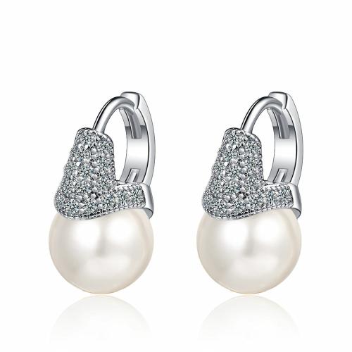 Cubic Zirconia Micro Pave Brass Earring with Plastic Pearl plated micro pave cubic zirconia & for woman Sold By Pair