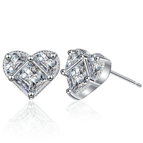 Cubic Zirconia Micro Pave Brass Earring Heart plated micro pave cubic zirconia & for woman platinum color Sold By Pair