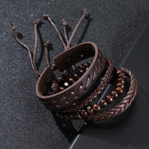 PU Leather Cord Bracelets with Wood 4 pieces & punk style & for man brown Sold By Set