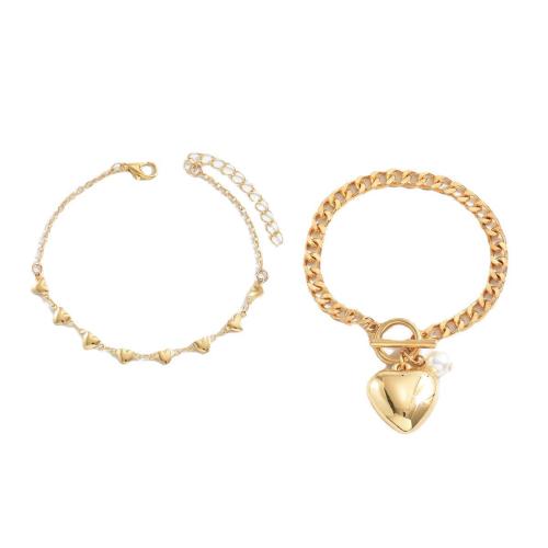 Zinc Alloy Bracelet with Plastic Pearl gold color plated 2 pieces & fashion jewelry golden nickel lead & cadmium free Sold By Set