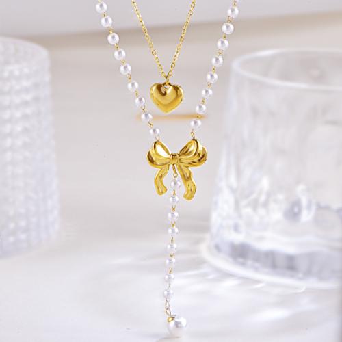 Titanium Steel Necklace with Plastic Pearl plated for woman gold Sold By PC