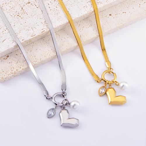 Stainless Steel Jewelry Necklace 304 Stainless Steel with Plastic Pearl Heart plated micro pave cubic zirconia & for woman Sold By PC