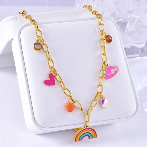 Stainless Steel Jewelry Necklace 304 Stainless Steel plated micro pave cubic zirconia & for woman & enamel gold Sold By PC