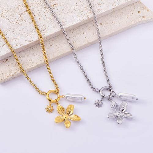 Stainless Steel Jewelry Necklace 304 Stainless Steel with Plastic Pearl petals plated for woman Sold By PC