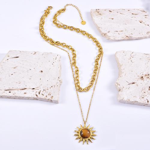 Stainless Steel Jewelry Necklace 304 Stainless Steel with Tiger Eye plated for woman gold Sold By PC