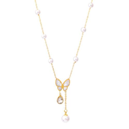 Titanium Steel Necklace with Shell & Plastic Pearl with 5CM extender chain Butterfly plated micro pave cubic zirconia & for woman gold Length Approx 41 cm Sold By PC