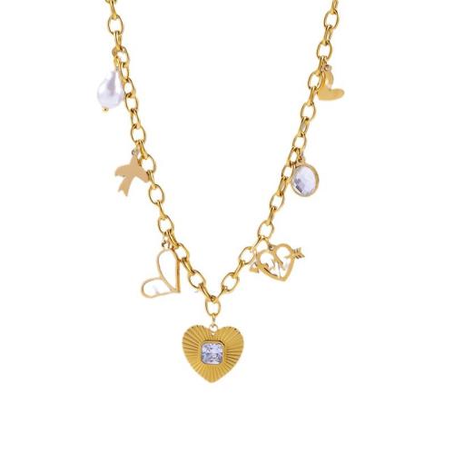 Titanium Steel Necklace with Plastic Pearl Heart plated micro pave cubic zirconia & for woman gold Sold By PC