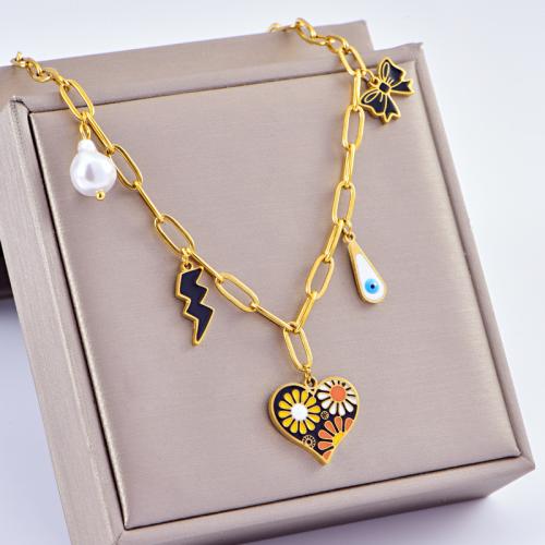 Stainless Steel Jewelry Necklace 304 Stainless Steel with Plastic Pearl Heart plated for woman & epoxy gel gold Sold By PC