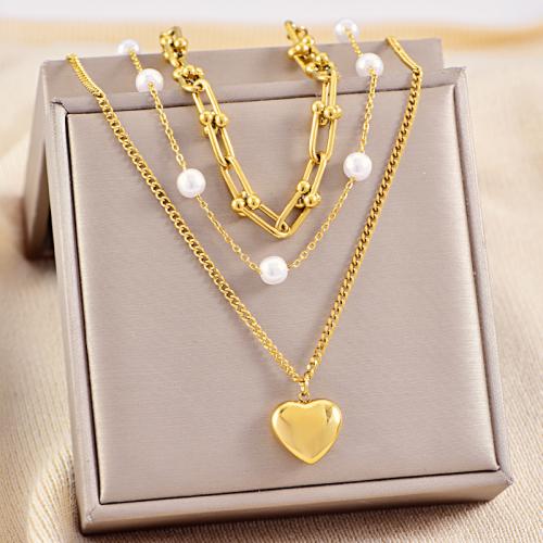 Titanium Steel Necklace with Plastic Pearl Heart plated for woman gold Sold By PC