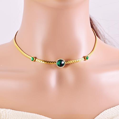 Titanium Steel Necklace with Turquoise plated & micro pave cubic zirconia & for woman gold Sold By PC