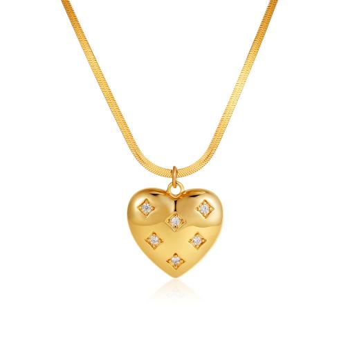 Rustfrit stål smykker halskæde, 304 rustfrit stål, Heart, forgyldt, Micro Pave cubic zirconia & for kvinde, guld, Solgt af PC