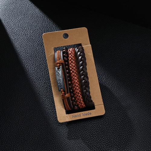 PU Leather Cord Bracelets Zinc Alloy with PU Leather & Wood vintage & 4 pieces & for man Length Approx 21.5 cm Sold By Set