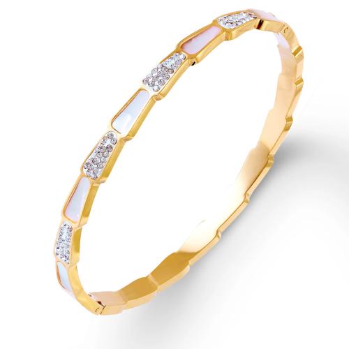 Titanium Steel Bracelet & Bangle with White Shell plated micro pave cubic zirconia & for woman golden Sold By PC