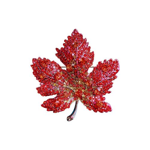 Zinc Alloy Brocher, Ginkgo blad, for kvinde & med rhinestone, rød, 49x45mm, Solgt af PC