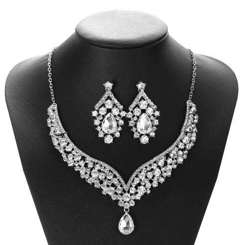 Zinc Alloy Jewelry Sets Stud Earring & necklace with 7cm extender chain 2 pieces & fashion jewelry & for woman & with rhinestone silver color Length 42 cm Sold By Set