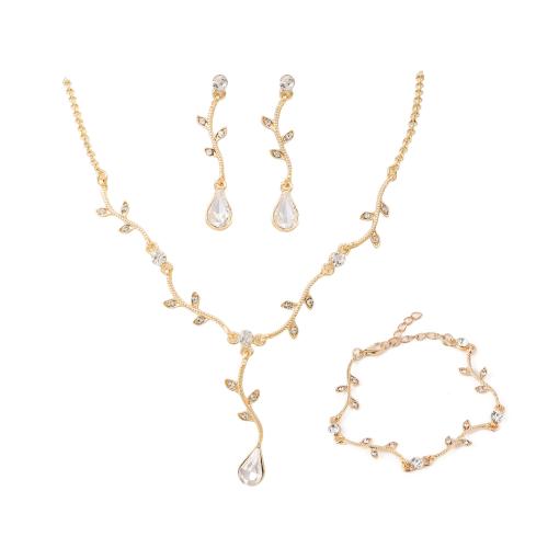 Zinc Alloy Jewelry Sets Stud Earring & bracelet & necklace with Crystal three pieces & fashion jewelry & for woman & with rhinestone golden Length 42 cm Sold By Set