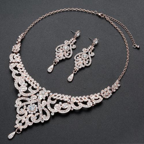 Zinklegering Sieraden Sets, Stud Oorbel & halsketting, Zinc Alloy, met 7cm extender keten, 2 stuks & mode sieraden & voor vrouw & met strass, rose goud kleur, Lengte 42 cm, Verkocht door Stel