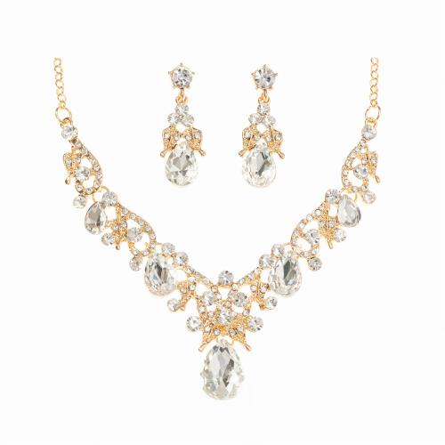 Zinc Alloy Jewelry Sets Stud Earring & necklace with 7cm extender chain 2 pieces & fashion jewelry & for woman & with rhinestone golden Length 43 cm Sold By Set