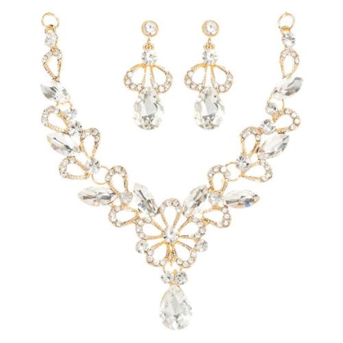 Parures de bijoux en alliage zinc, Boucle d’oreille stud & collier, alliage de zinc, avec cristal, avec 7cm chaînes de rallonge, 2 pièces & bijoux de mode & pour femme & avec strass, doré, Longueur 42 cm, Vendu par fixé