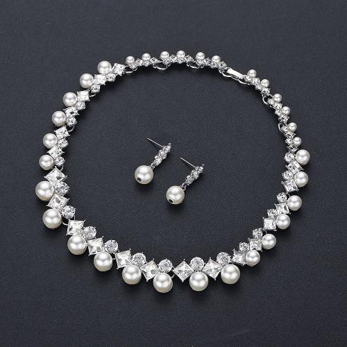 Zinc Alloy Jewelry Sets Stud Earring & necklace with Plastic Pearl 2 pieces & fashion jewelry & for woman & with rhinestone silver color Length 42 cm Sold By Set