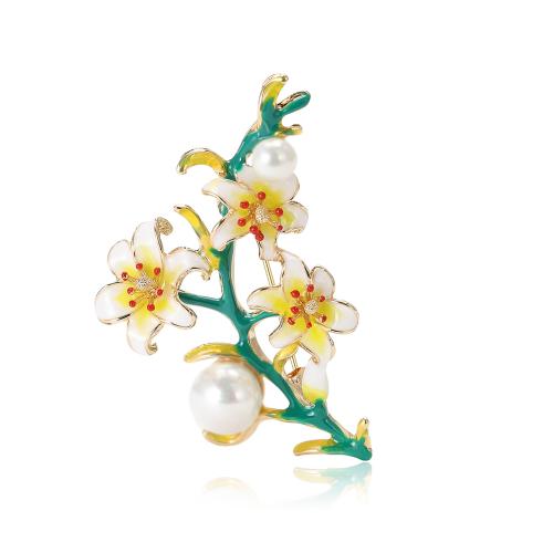 Zinklegering broches, Zinc Alloy, met Plastic Pearl, Lily, voor vrouw & glazuur, 56x36mm, Verkocht door PC