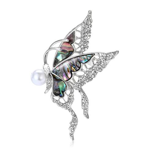 Zinc Alloy Brocher, med Abalone Shell, Butterfly, for kvinde & med rhinestone, sølv, 60x45mm, Solgt af PC