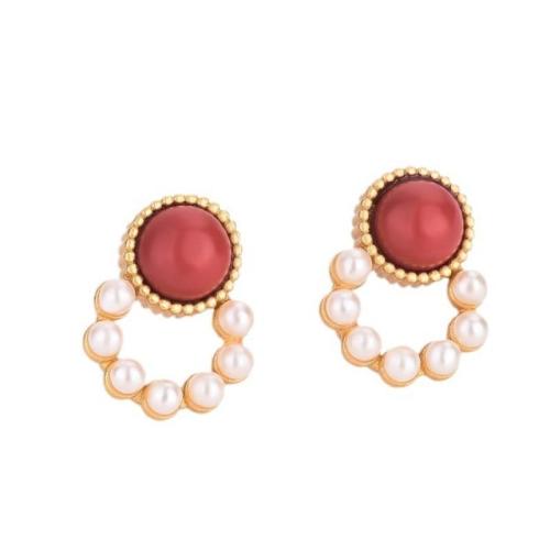 Brass Stud Earring with Agate & Plastic Pearl fashion jewelry & for woman 12mm Sold By Pair