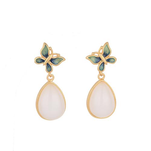 Brass Stud Earring with Jade fashion jewelry & for woman & enamel 30mm Sold By Pair