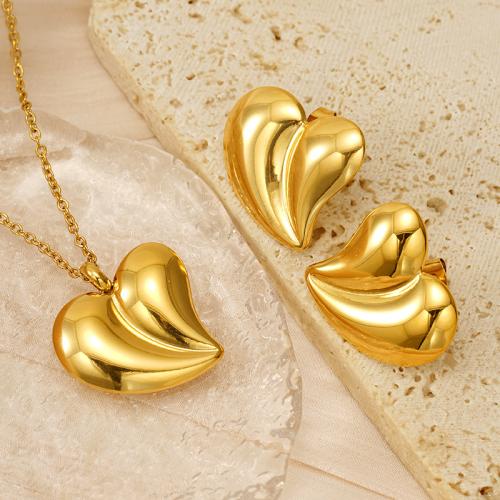 Fashion Stainless Steel Jewelry Sets Stud Earring & necklace 304 Stainless Steel Heart 18K gold plated 2 pieces & fashion jewelry & for woman golden Length Approx 45 cm Sold By Set