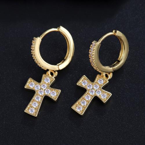 Cubic Zirconia Micro Pave Brass Earring Cross fashion jewelry & micro pave cubic zirconia & for woman golden Sold By Pair