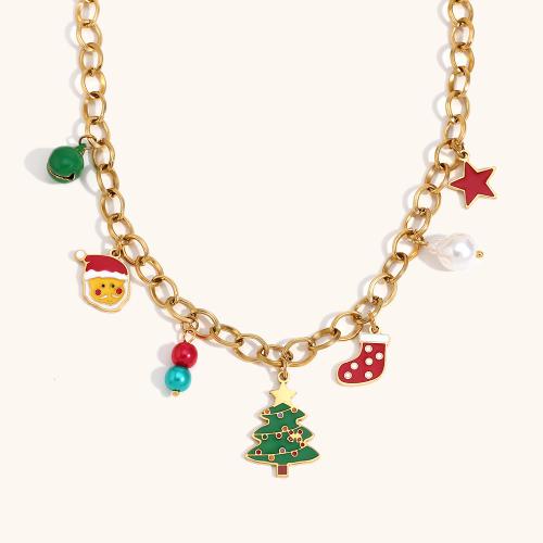 Colares de Natal, Aço inoxidável 304, with 5cm extender chain, 18K banhado a ouro, Design de Natal & para mulher & esmalte, vendido para Aprox 40 cm Strand