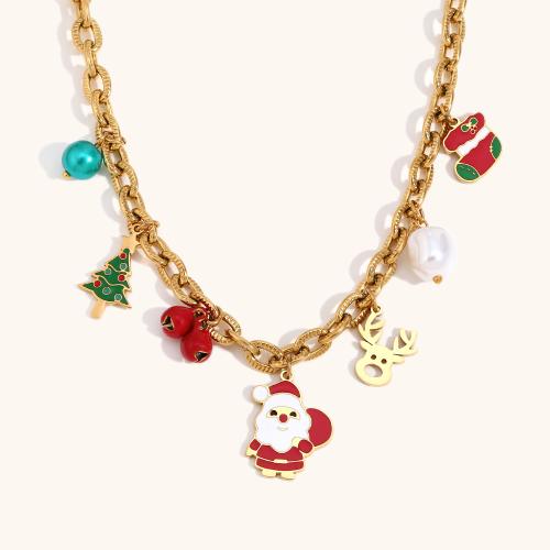 Christmas Necklaces 304 Stainless Steel with 5cm extender chain 18K gold plated Christmas Design & for woman & enamel Sold Per Approx 40 cm Strand