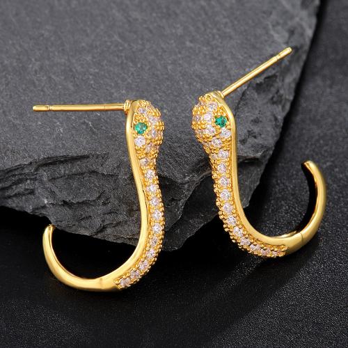 Kubik Zirkonium mikro bana Mässing Örhänge, Snake, guldfärg pläterade, mode smycken & micro bana cubic zirconia & för kvinna, gyllene, 22x14mm, Säljs av Par