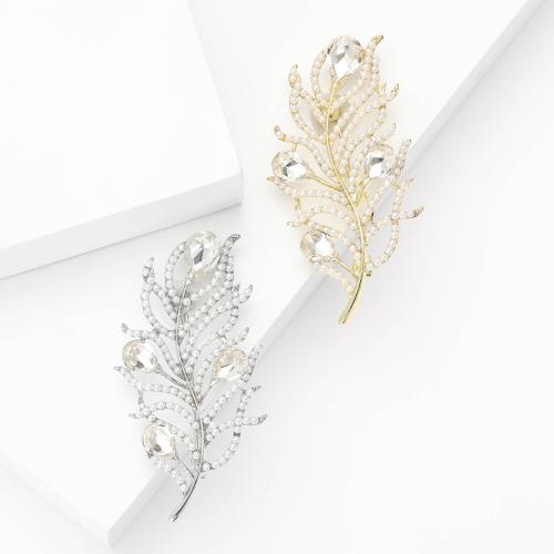 Zinc Alloy Brooches with Plastic Pearl Feather fashion jewelry & for woman & with rhinestone Sold By PC