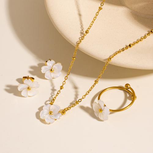 Fashion Stainless Steel Jewelry Sets Stud Earring & finger ring & necklace 304 Stainless Steel with White Shell Flower gold color plated & for woman Sold By PC