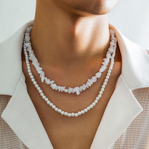 Plastic Pearl Necklace with Gemstone 2 pieces & fashion jewelry white Sold By Set