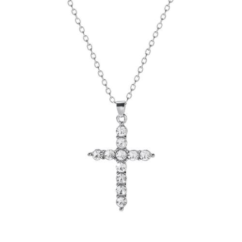 Zinc Alloy Jewelry Necklace with 5cm extender chain Cross silver color plated fashion jewelry & with rhinestone silver color nickel lead & cadmium free Length 40 cm Sold By PC