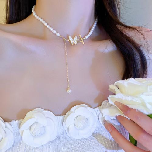 Freshwater Pearl Brass Chain Necklace, Pérolas de água doce, with cobre, with 6cm extender chain, cromado de cor dourada, joias de moda, branco, comprimento 38 cm, vendido por PC