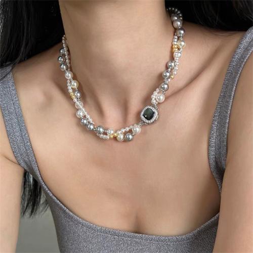 Glass Beads Necklaces Glass Pearl with Pearl Oyster & Brass fashion jewelry & micro pave cubic zirconia Length 43 cm Sold By PC