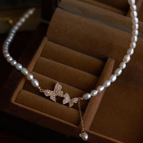 Freshwater Pearl Brass Chain Necklace, Pérolas de água doce, with cobre, with 8cm extender chain, joias de moda, branco, comprimento 35 cm, vendido por PC