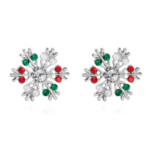 Christmas Earrings Zinc Alloy with Plastic Pearl Snowflake plated Christmas Design & for woman & with rhinestone Sold By Pair