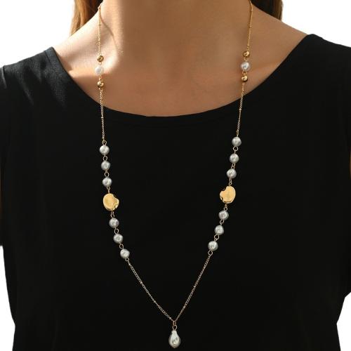 Stainless Steel Sweater Chain Necklace 304 Stainless Steel with Plastic Pearl plated for woman gold Sold By PC