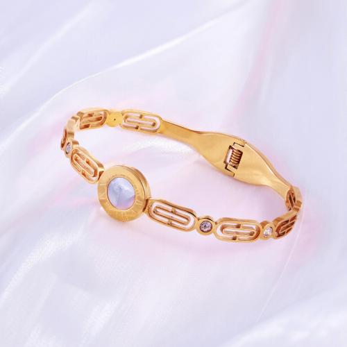 Pulsera de acero de titanio, Partículas de acero, con Nácar, chapado, diferentes estilos para la opción & micro arcilla de zirconia cúbica & para mujer, dorado, Vendido por UD