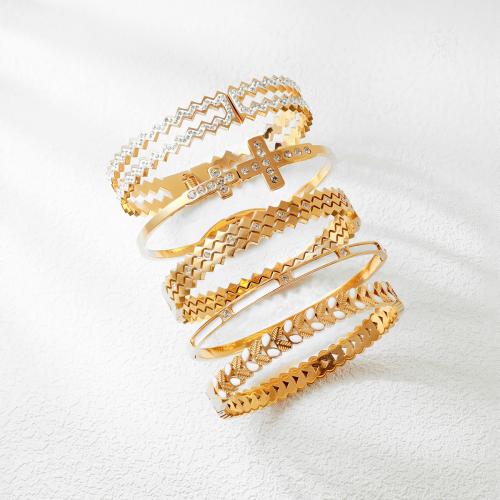 Pulsera de acero de titanio, Partículas de acero, con Nácar, chapado, diferentes estilos para la opción & micro arcilla de zirconia cúbica & para mujer & esmalte, dorado, Vendido por UD