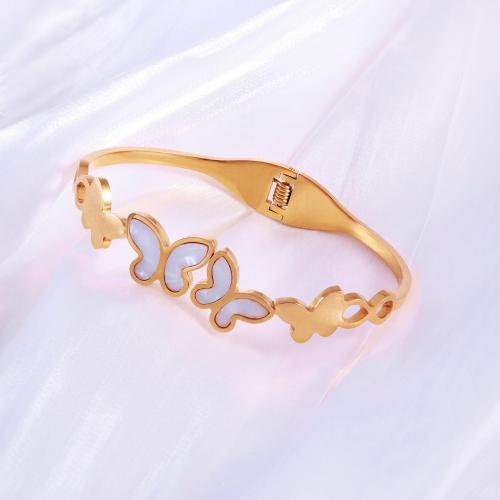 Pulsera de acero de titanio, Partículas de acero, con Nácar, chapado, diferentes estilos para la opción & micro arcilla de zirconia cúbica & para mujer, dorado, Vendido por UD