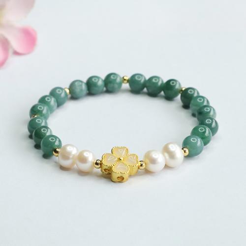 jade bracelet, avec perle d'eau douce cultivée & alliage de zinc, Trèfle à quatre feuilles, fait à la main, style folk & pour femme, beads length 6mm, Longueur Environ 6-8 pouce, Vendu par PC