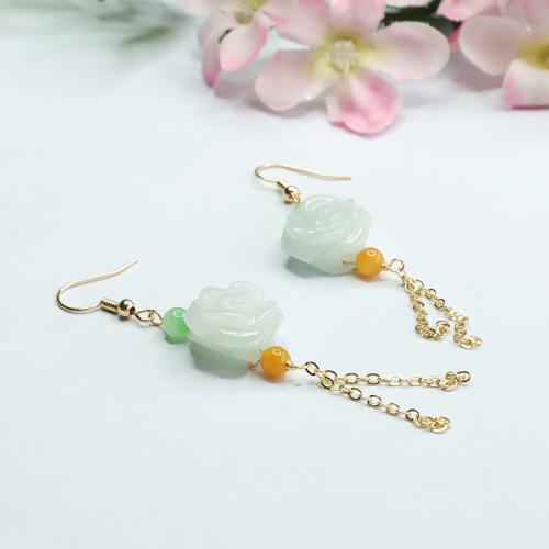 Jadeite Tassel Earring with Zinc Alloy Flower folk style & for woman Grade A Sold By Pair