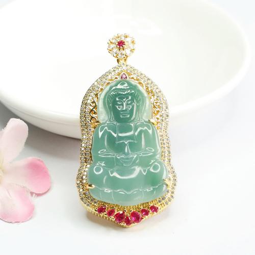 Bijoux Pendentifs en pierres gemmes, jade, avec laiton, Guanyin, Placage de couleur d'or, DIY & avec strass, 41x24mm, Vendu par PC