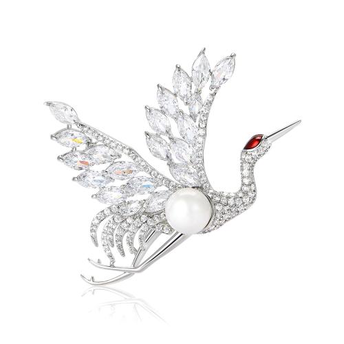 Fashion Broche Sieraden, Messing, met Plastic Pearl, uniseks & micro pave zirconia, zilver, 60x43mm, Verkocht door PC