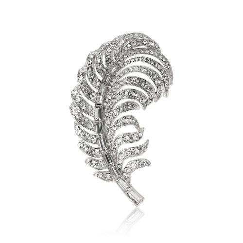 Zinc Alloy Brocher, Feather, for kvinde & med rhinestone, flere farver til valg, 83x49mm, Solgt af PC